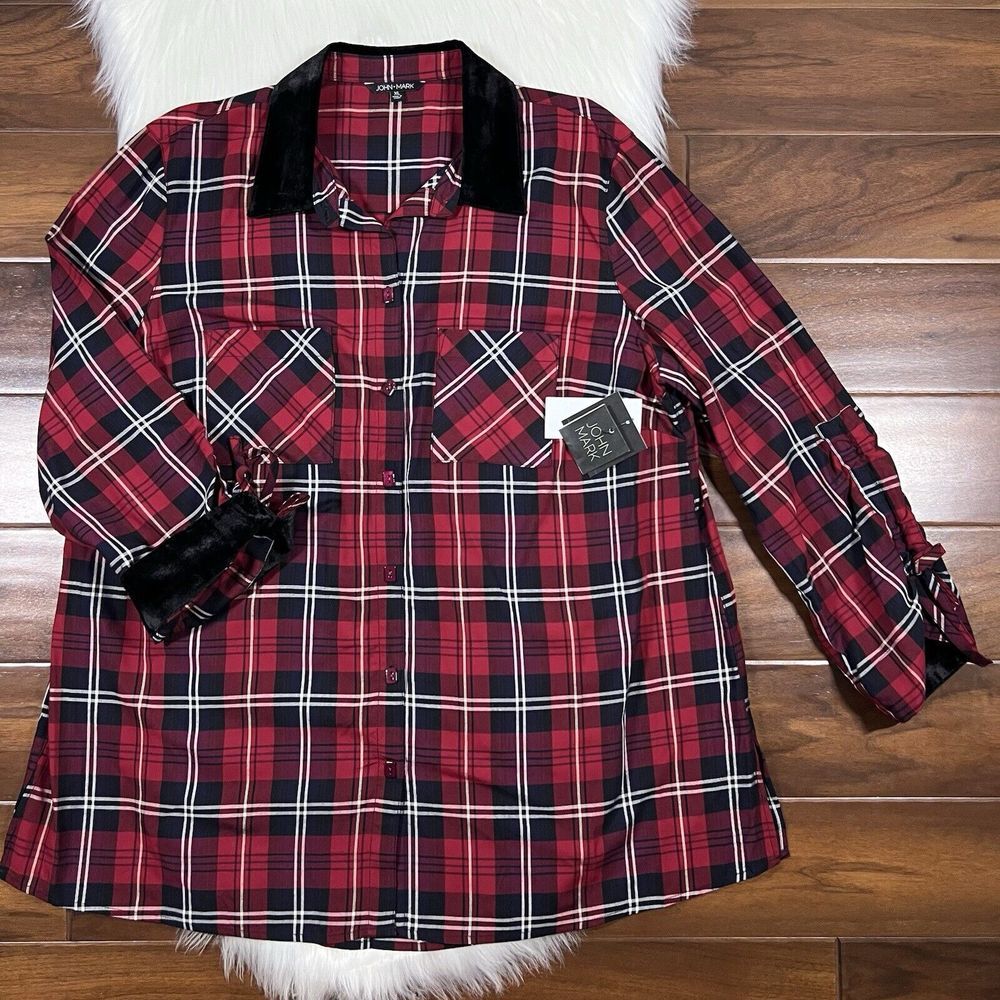 John Mark‎ Women's Size XL Red Plaid Button Up Cinched Sleeve Shirt Top